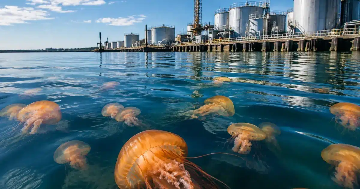 Meduses flottant pres d'installations industrielles grises au bord de l'eau