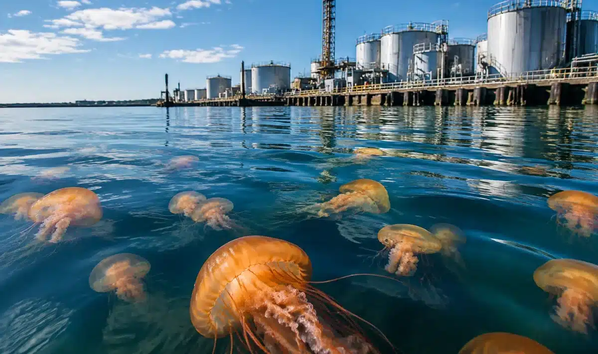 Meduses flottant pres d'installations industrielles grises au bord de l'eau