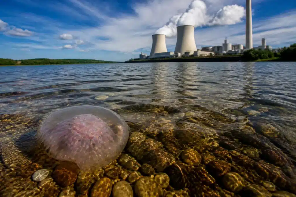 Meduses et eau chaude pres centrale nucleaire fleuve