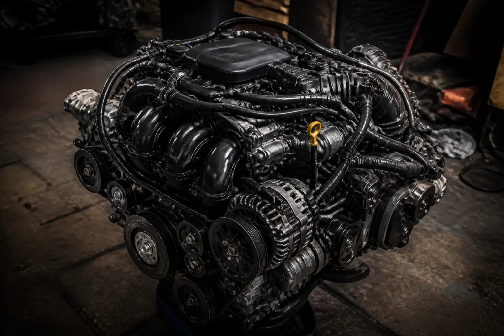 Moteur thermique noir actif dans garage obscur et ferme