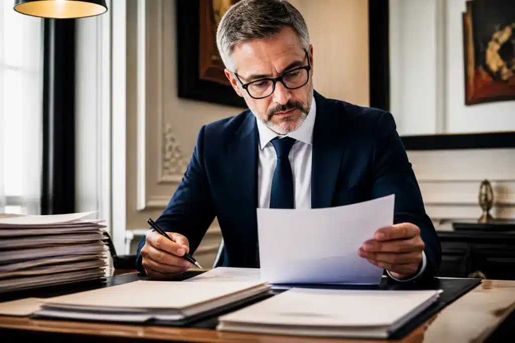Notaire examinant documents familiaux sur bureau avec stylo