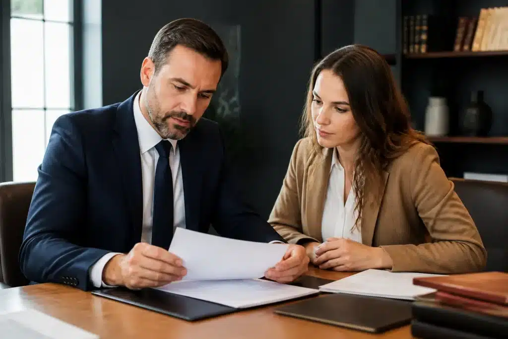Notaire examine documents avec client à bureau professionnel