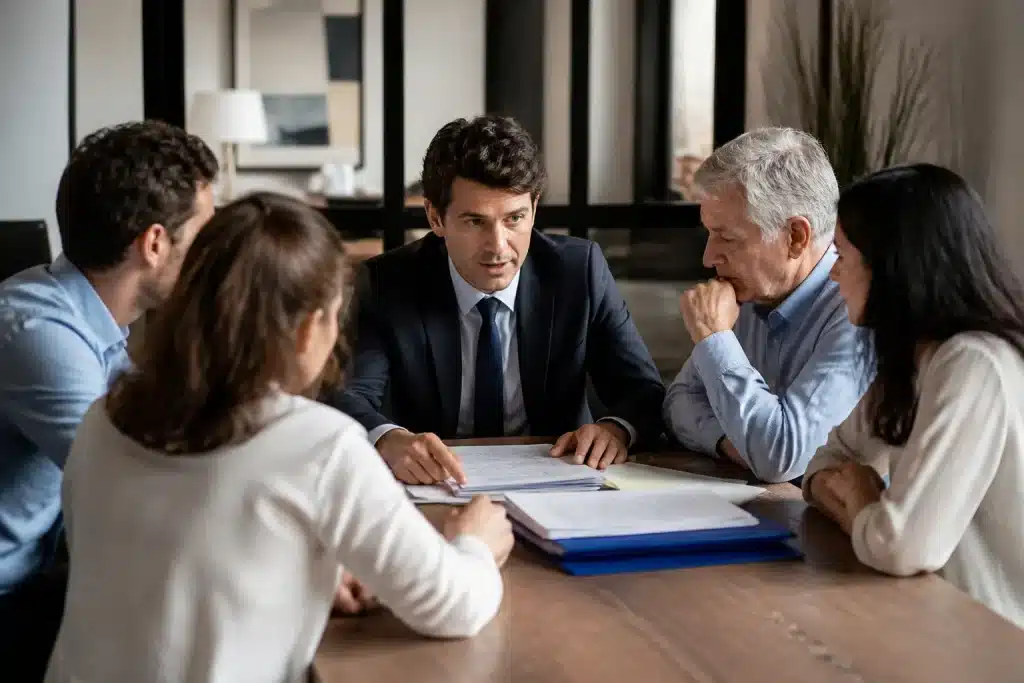 Notaire reunissant heritiers autour table documents succession
