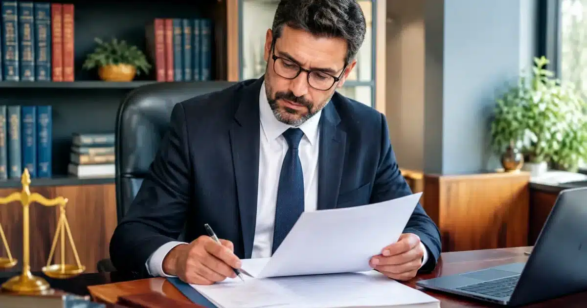 Notaire assis derrière bureau examinant documents succession immobilière