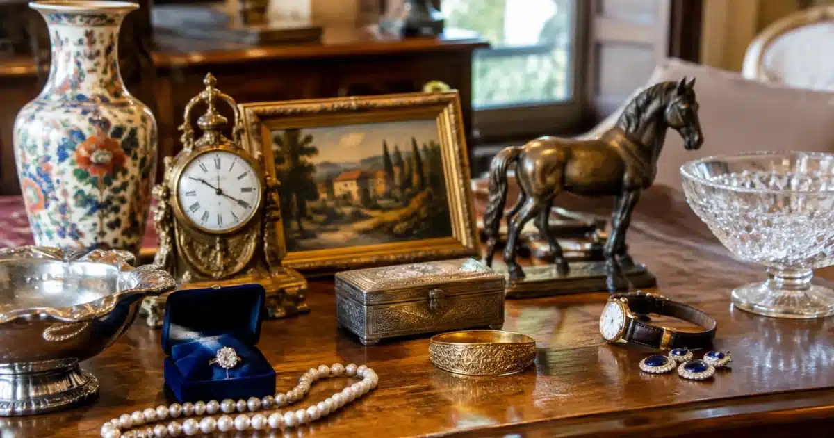 Objets précieux alignés sur table avant tri succession