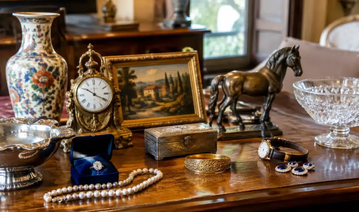 Objets précieux alignés sur table avant tri succession