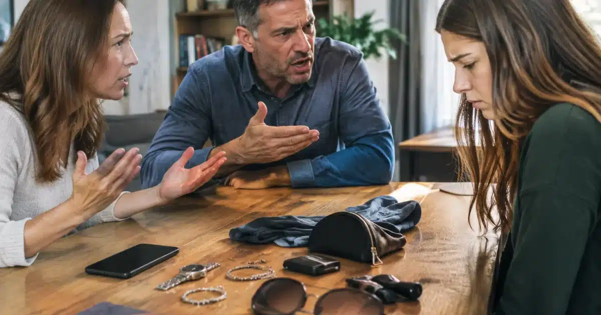 Objets personnels disposes sur table bois declenchant dispute familiale
