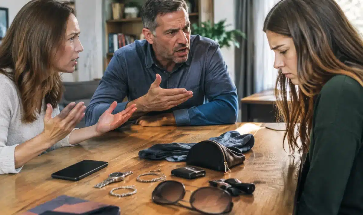 Objets personnels disposes sur table bois declenchant dispute familiale