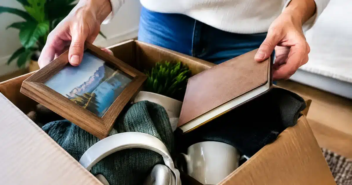 Mains triant des objets personnels dans un carton ouvert