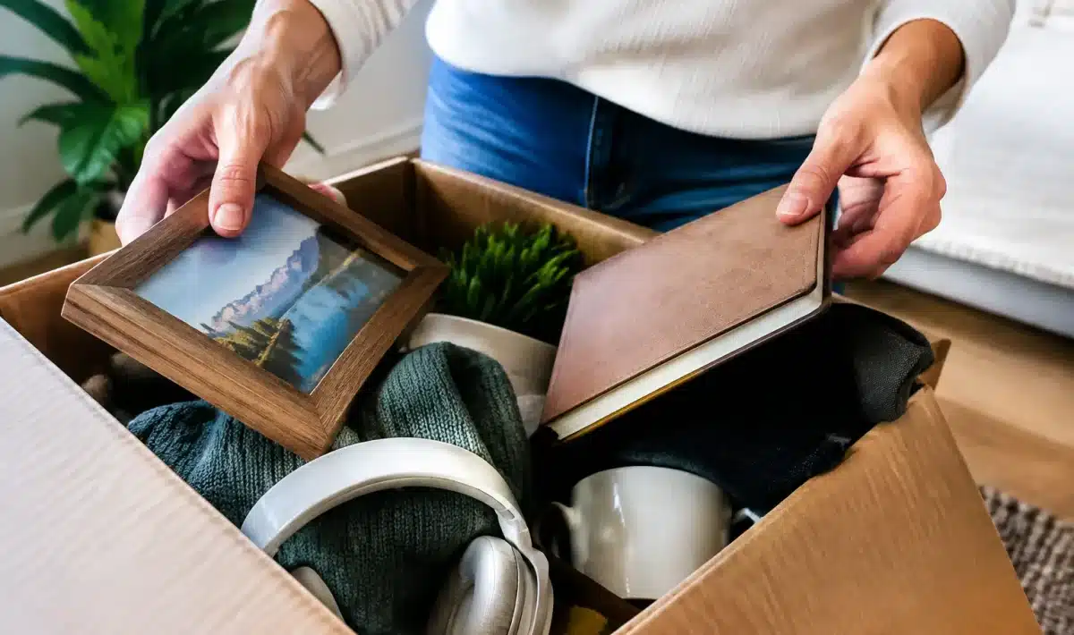 Mains triant des objets personnels dans un carton ouvert