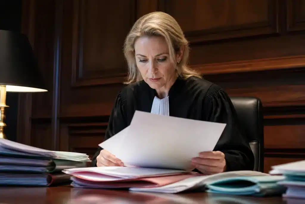 Juge examinant documents relatifs obligation alimentaire familiale