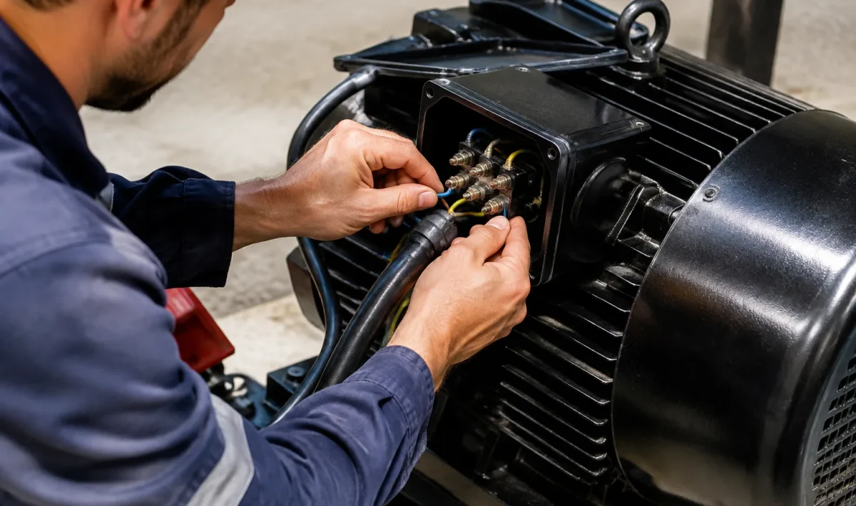 Operateur branche cable electrique sur moteur noir