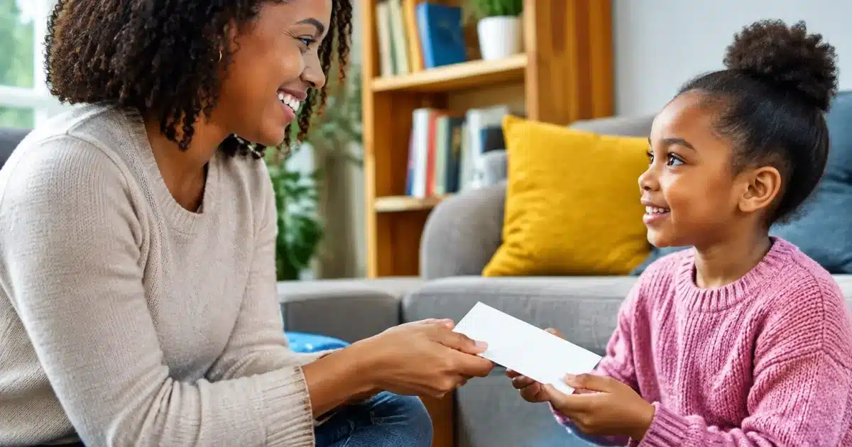 Parent remettant enveloppe d'argent liquide a enfant assis face a face