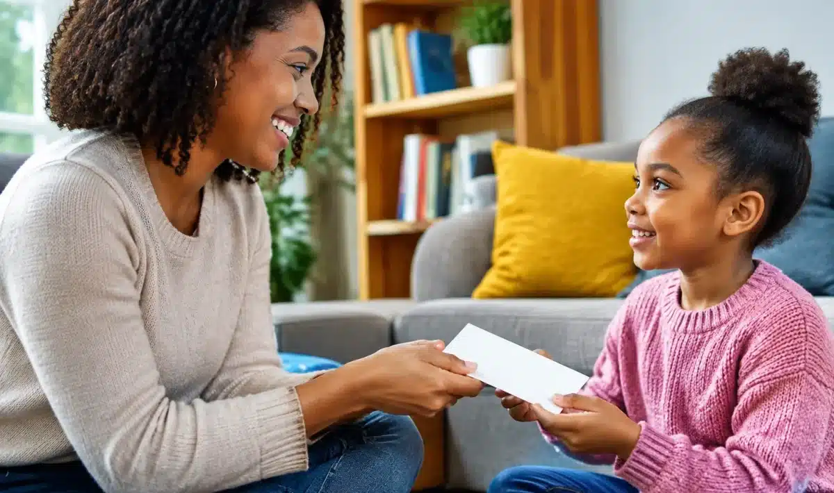 Parent remettant enveloppe d'argent liquide a enfant assis face a face