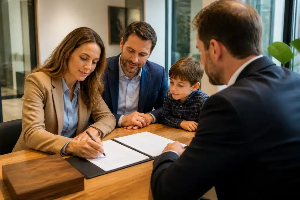 Famille signant documents autour table notaire