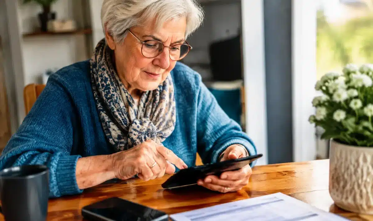 Personne agee tapant numero sur clavier, document bancaire pres du telephone