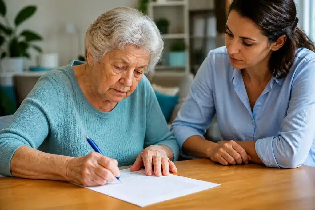 Personne agee signant document aide sociale avec stylo bleu