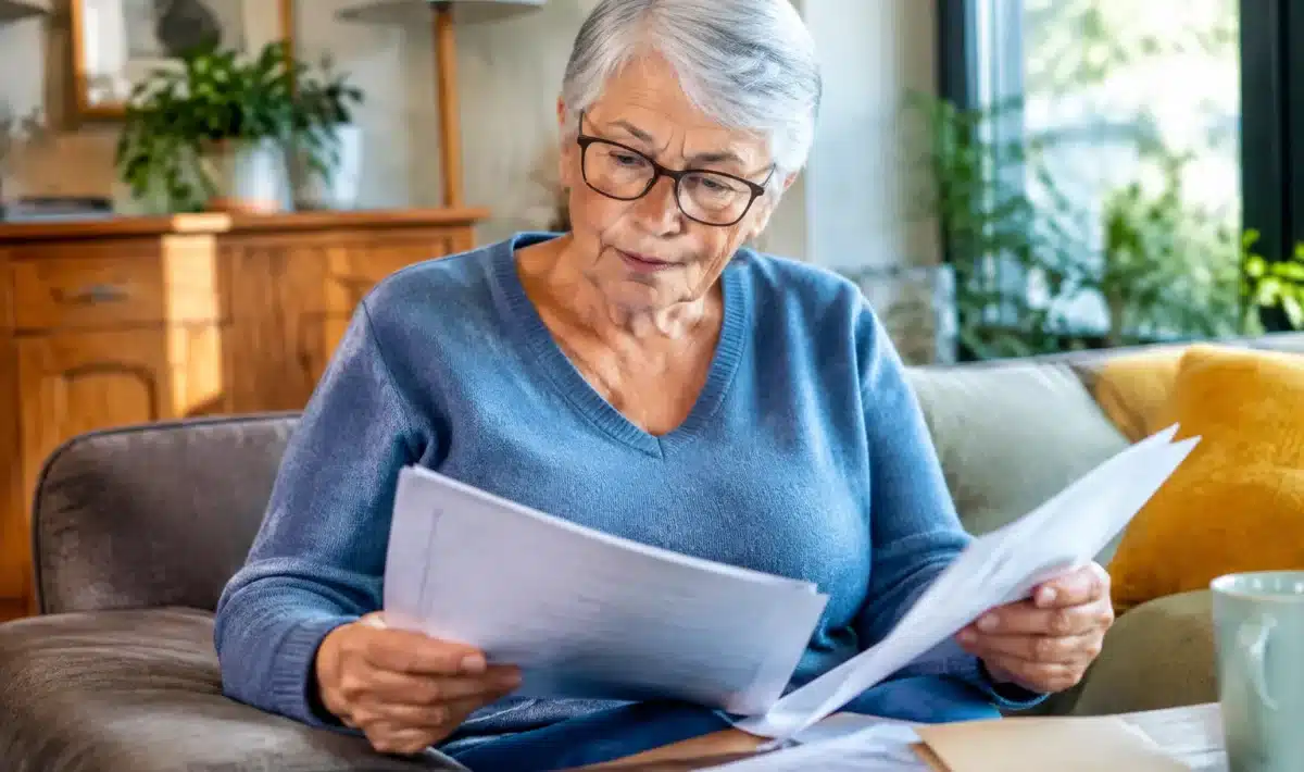 Personne agee assise tenant documents pension non reclames
