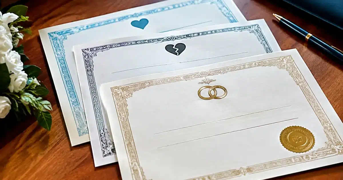 Trois documents officiels empilés montrant certificats mariage, divorce et remariage