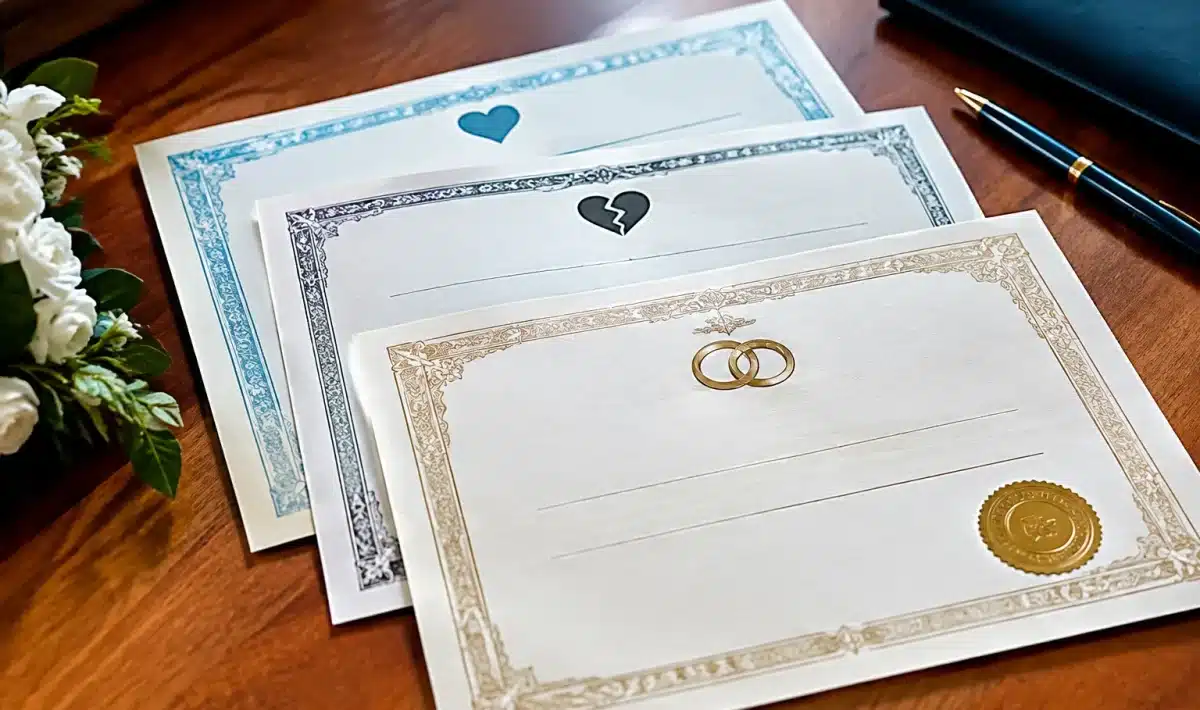 Trois documents officiels empilés montrant certificats mariage, divorce et remariage