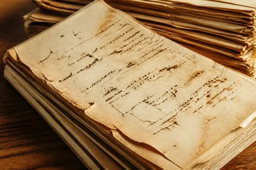 Vieux documents papier jaunie avec données manuscrites incomplètes