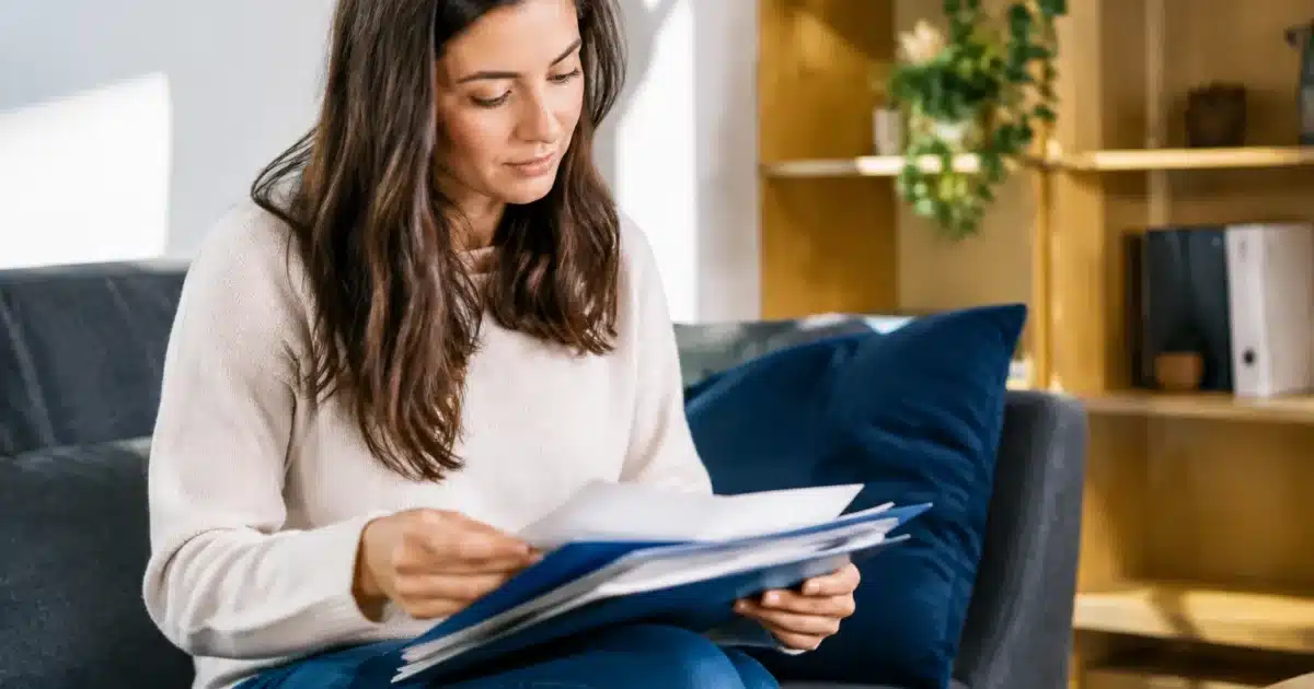 Personne assise tenant des documents administratifs sur ses genoux