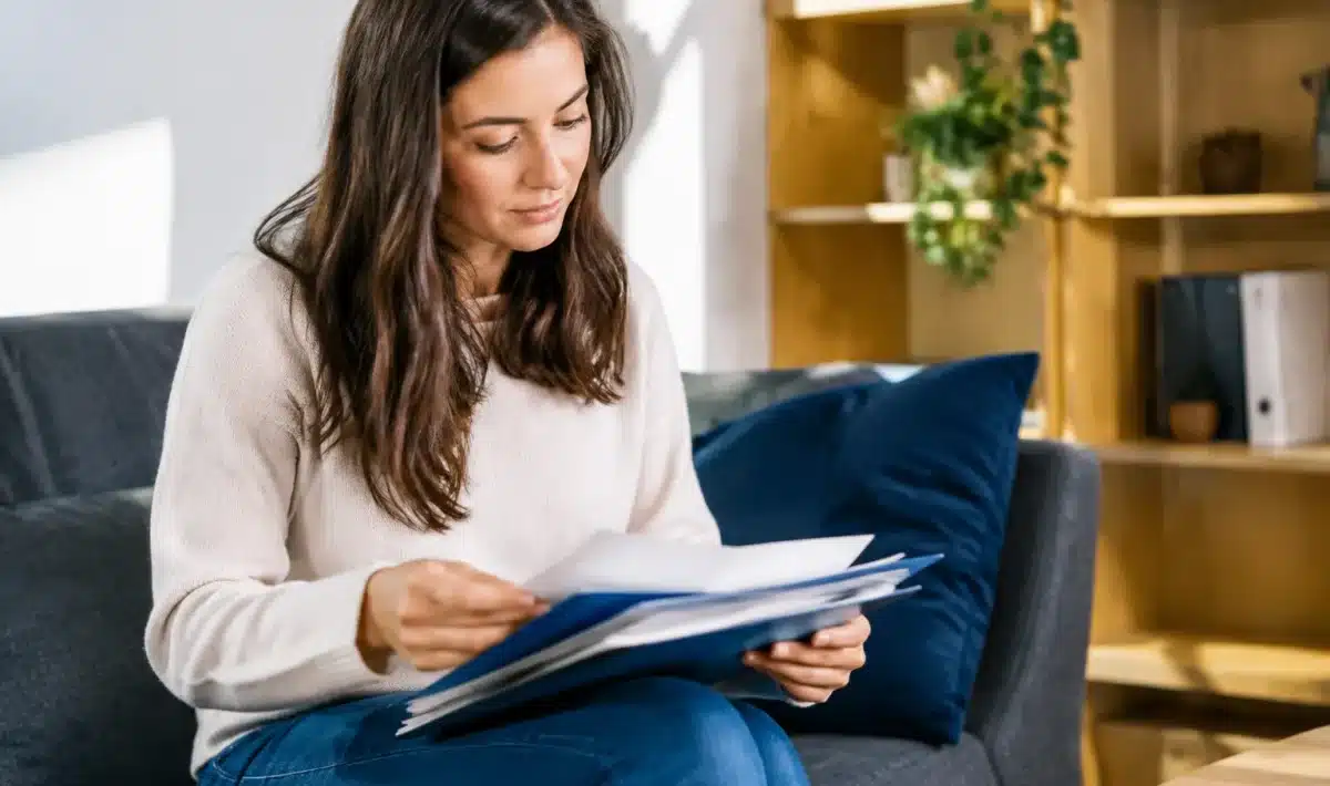 Personne assise tenant des documents administratifs sur ses genoux