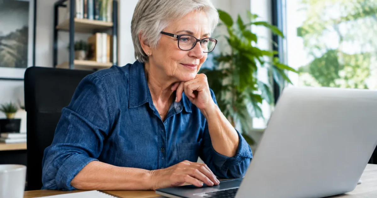 Personne agee assise a un bureau utilisant un ordinateur