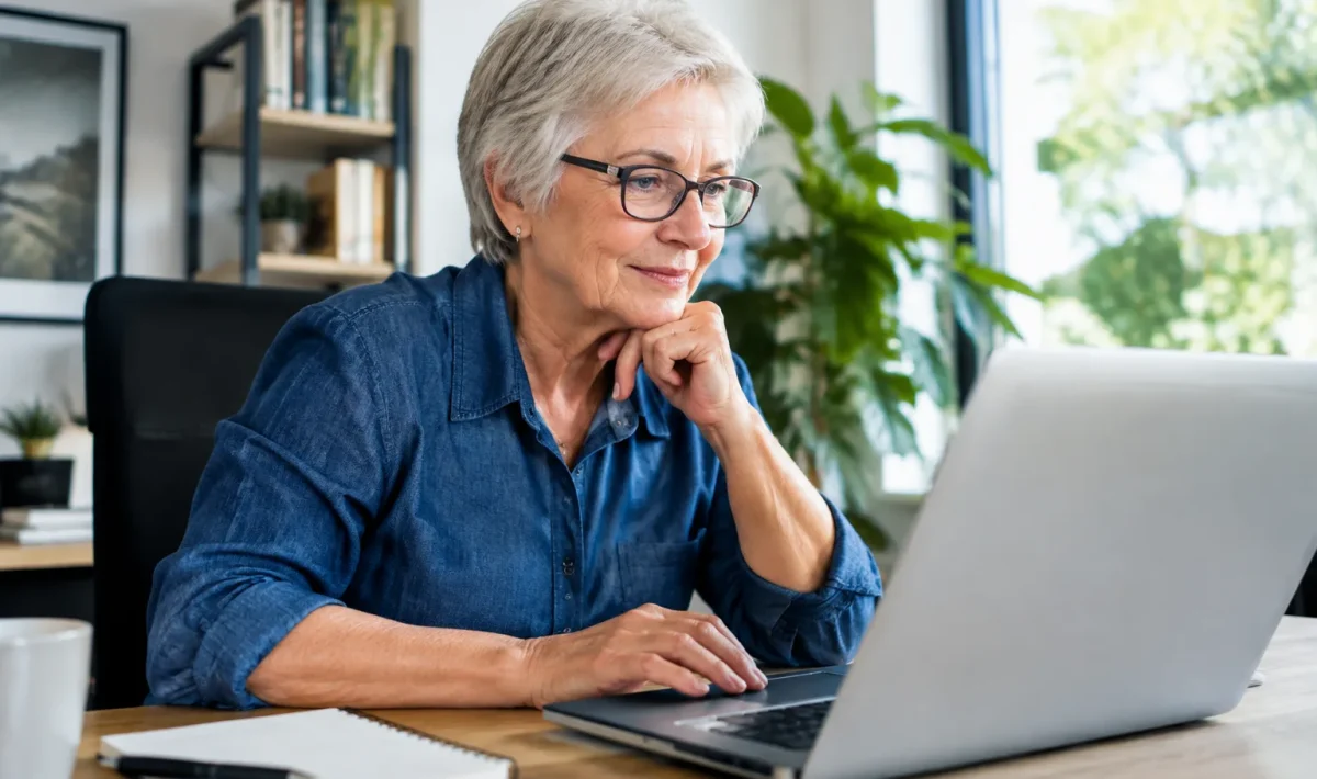 Personne agee assise a un bureau utilisant un ordinateur