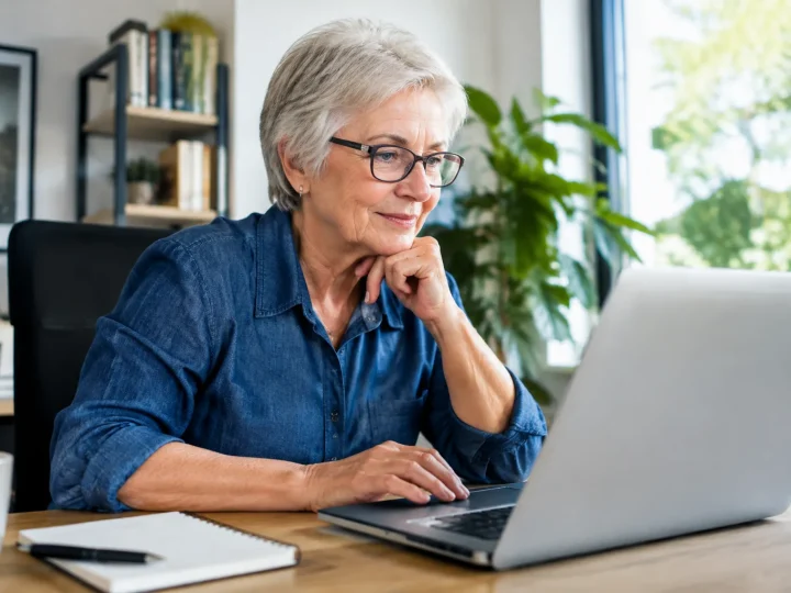Personne agee assise a un bureau utilisant un ordinateur