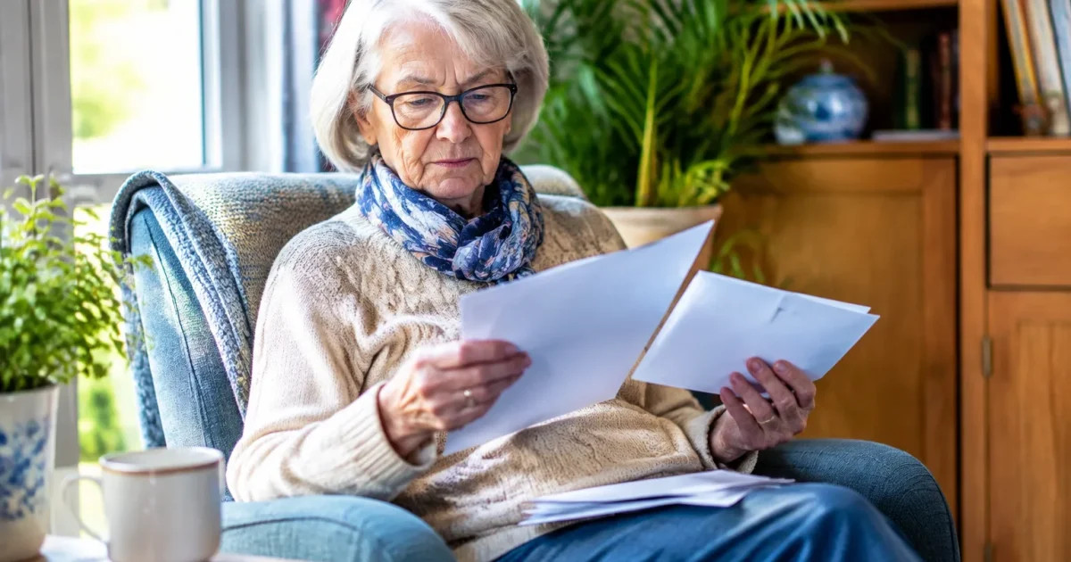Personne agee examine courrier impots assis fauteuil