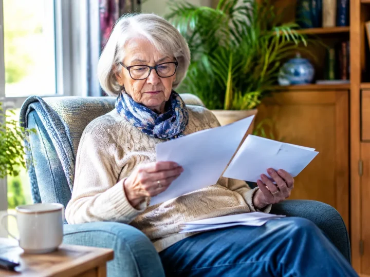 Personne agee examine courrier impots assis fauteuil