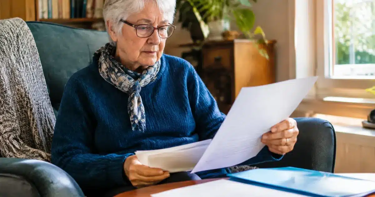 Personne agee assise dans un fauteuil face a des documents administratifs