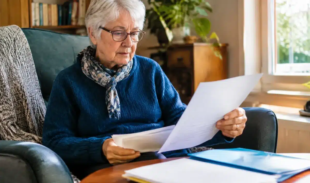 Personne agee assise dans un fauteuil face a des documents administratifs