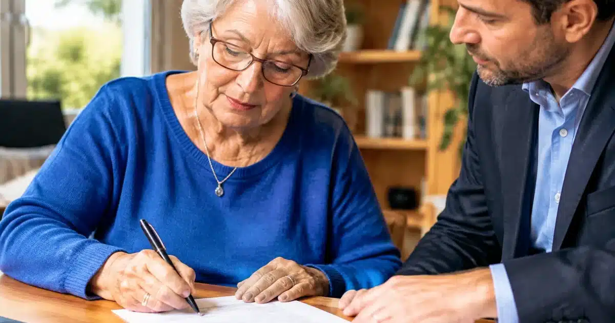 Personne âgée signant des documents bancaires avec procuration assise à table