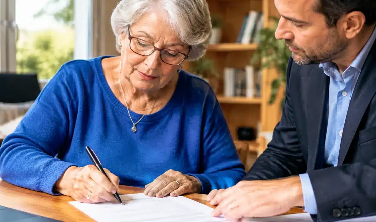 Personne âgée signant des documents bancaires avec procuration assise à table