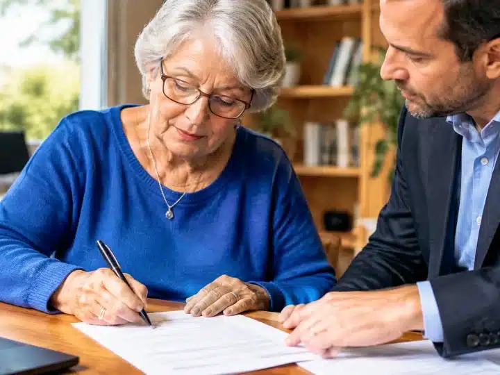 Personne âgée signant des documents bancaires avec procuration assise à table