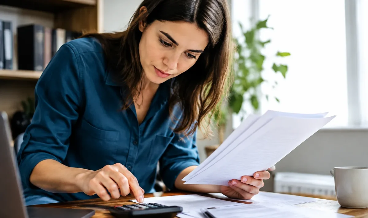 Personne penchee tenant documents pres calculatrice