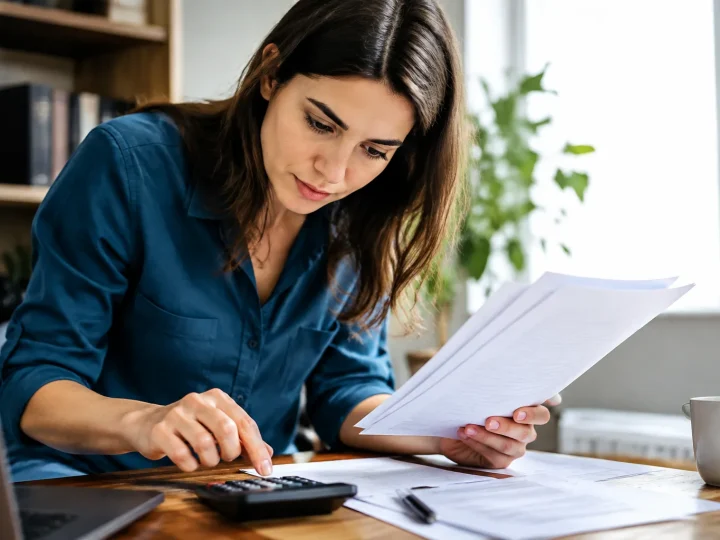 Personne penchee tenant documents pres calculatrice