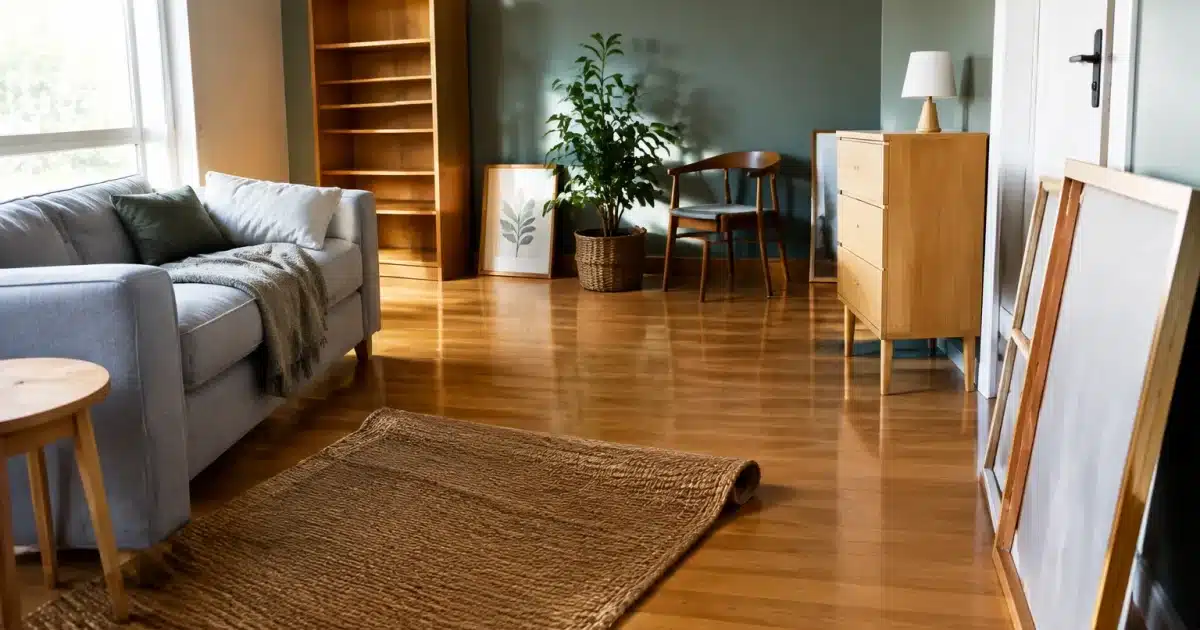 Pieces de mobilier disposees dans une piece avant reorganisation domestique