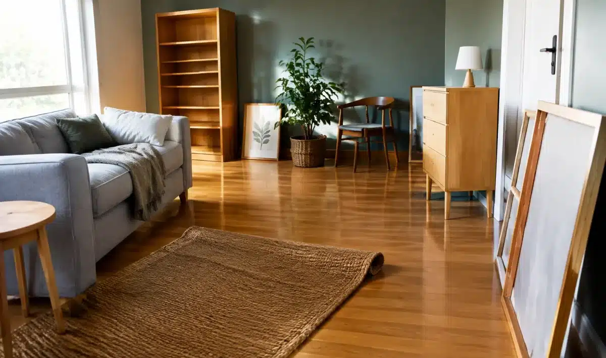 Pieces de mobilier disposees dans une piece avant reorganisation domestique