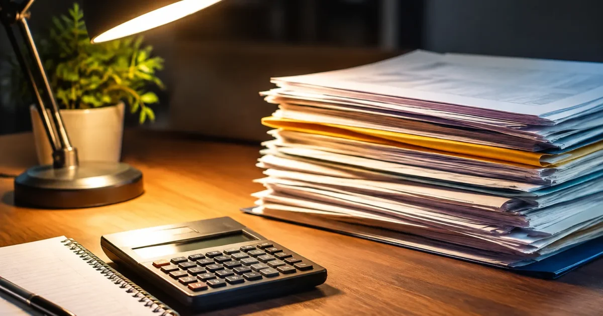 Pile documents papier pres calculatrice sous lampe bureau