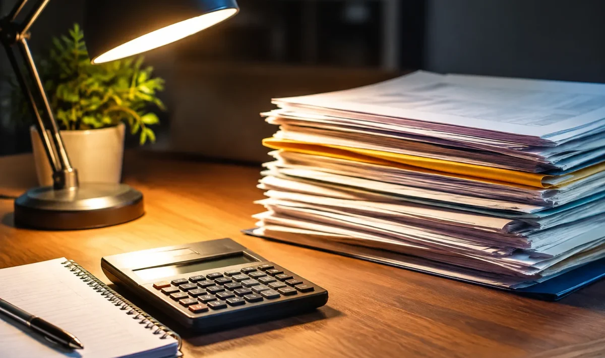 Pile documents papier pres calculatrice sous lampe bureau