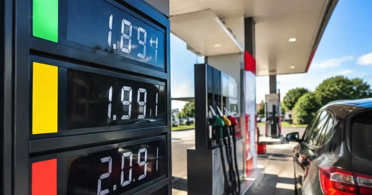 Pompe essence affichant prix augmente devant station service