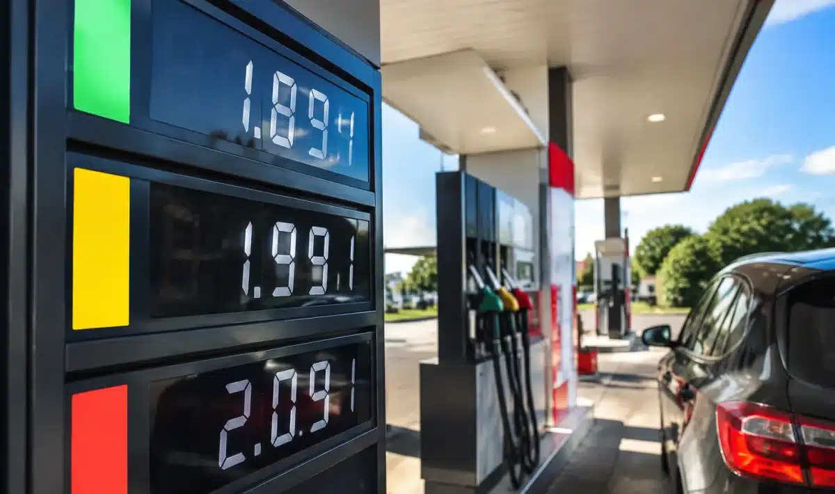 Pompe essence affichant prix augmente devant station service