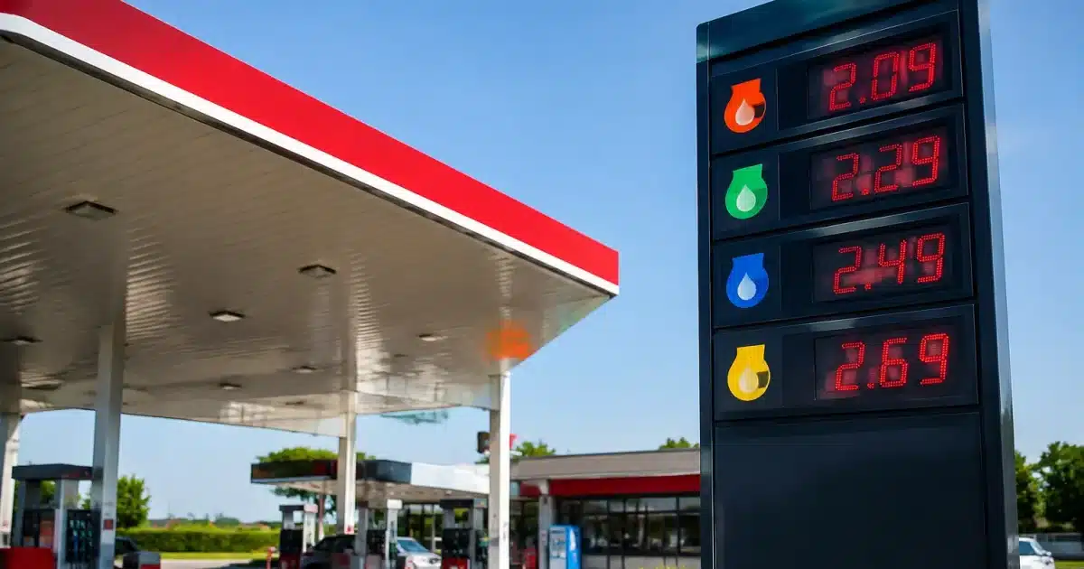 Pompe essence affichant prix carburant eleve sur panneau lumineux