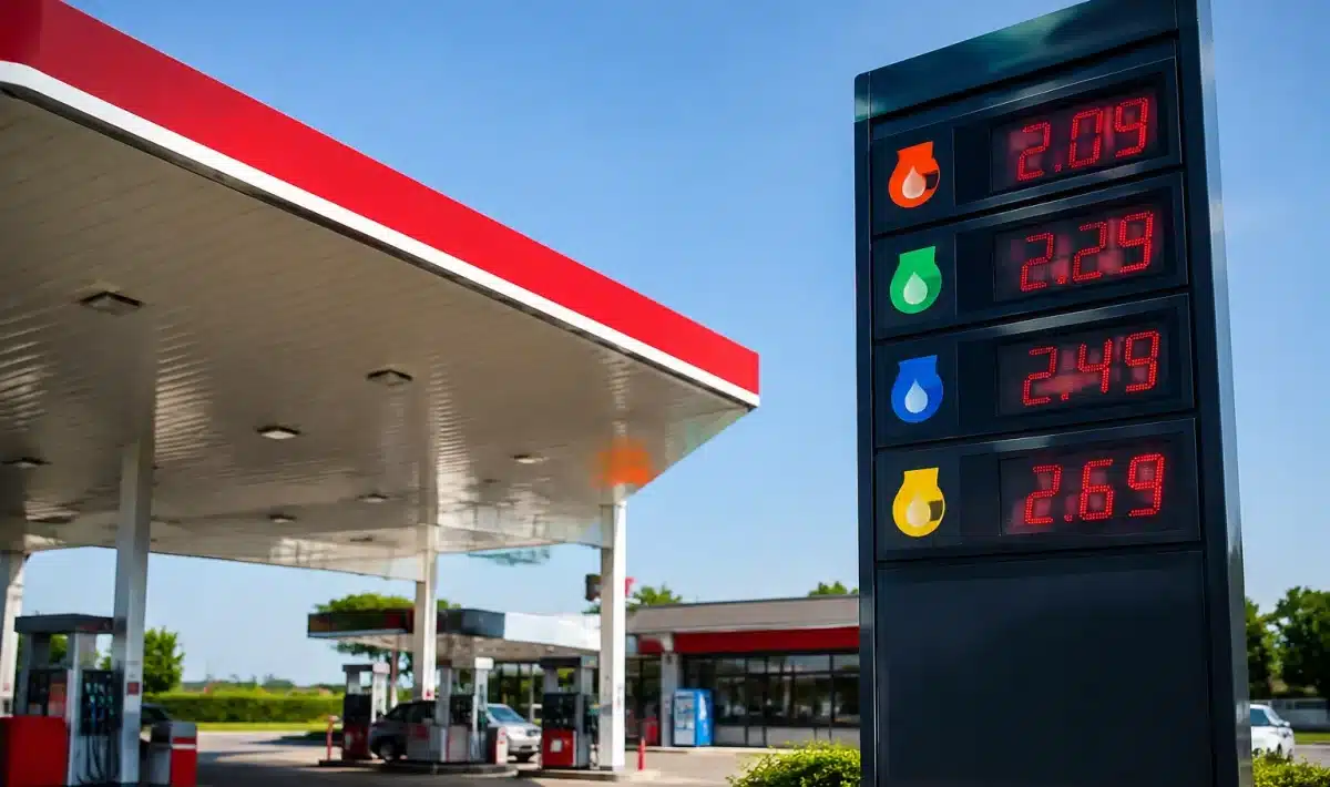 Pompe essence affichant prix carburant eleve sur panneau lumineux