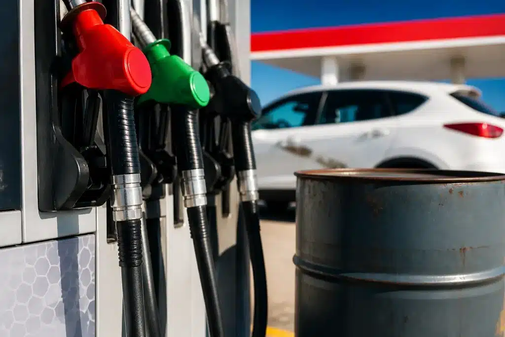 Pompe essence affichant tarifs eleves avec baril petrol