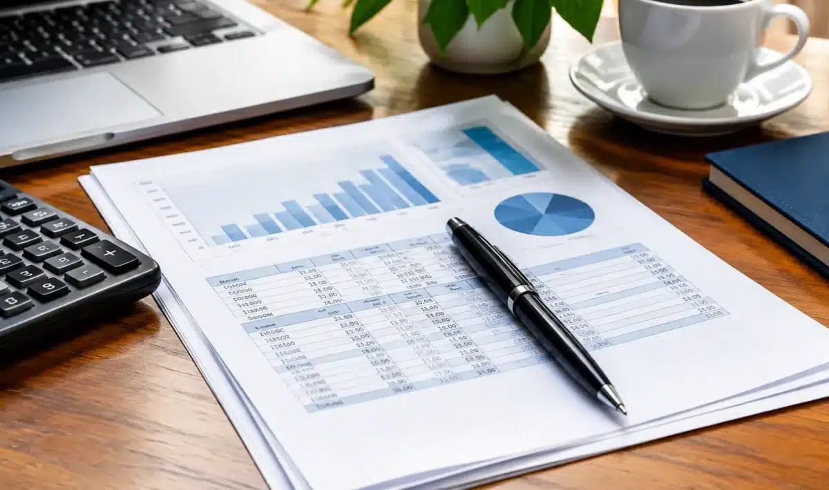 Documents bancaires etales sur bureau avec stylo noir pointe vers le bas