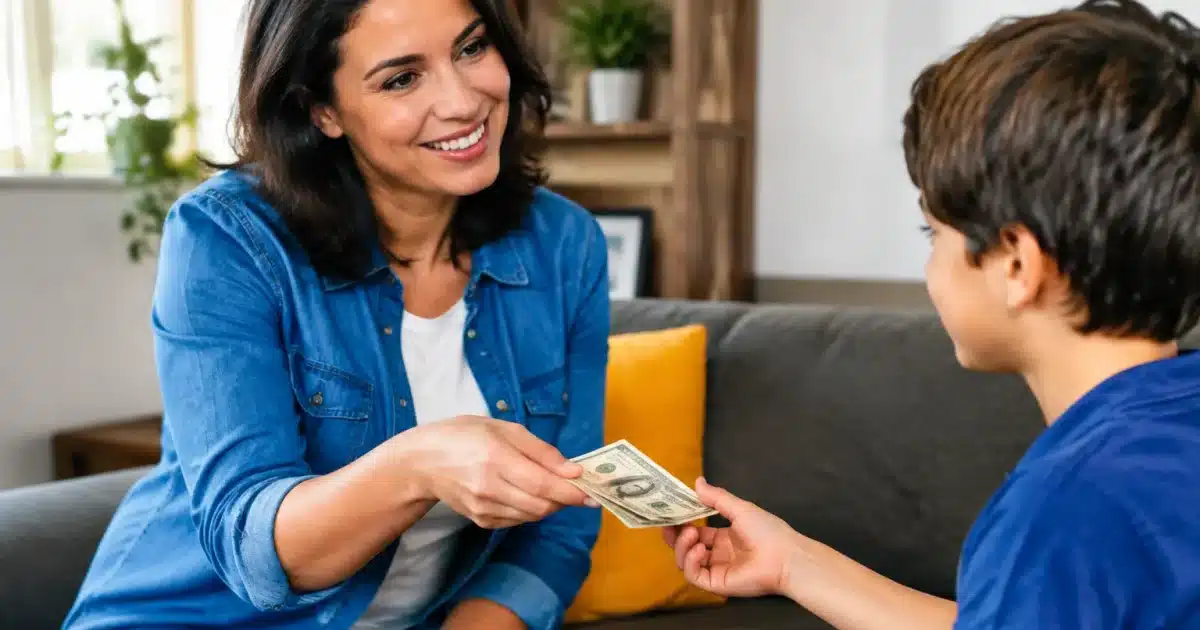 Parent remettant des billets a enfant assis en face
